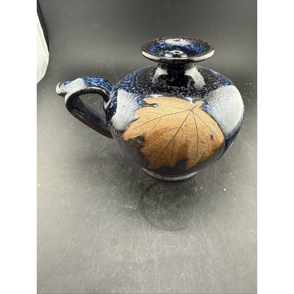Robert Alewine Studio Pottery Oil Lamp Blue Leaf Signed 2007